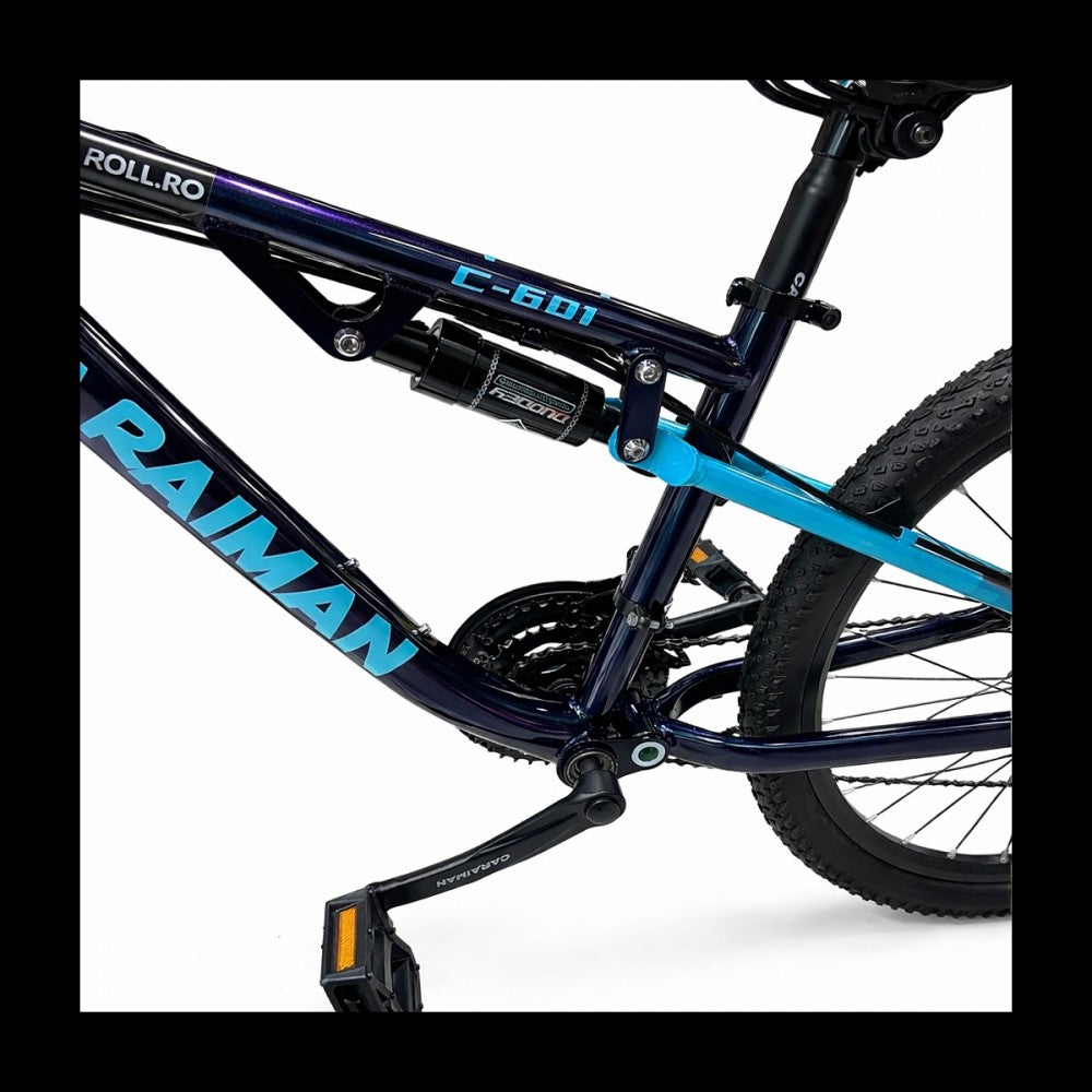 Bicicletă Caraiman, roți 26 inch, cu dublă suspensie, frâne pe disc, 26 GTR-601 Albastru Cameleon