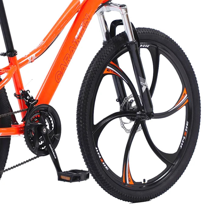 Bicicletă Caraiman, roți 24 sau 26 inch, cadru oțel, frâne pe disc, portocalie