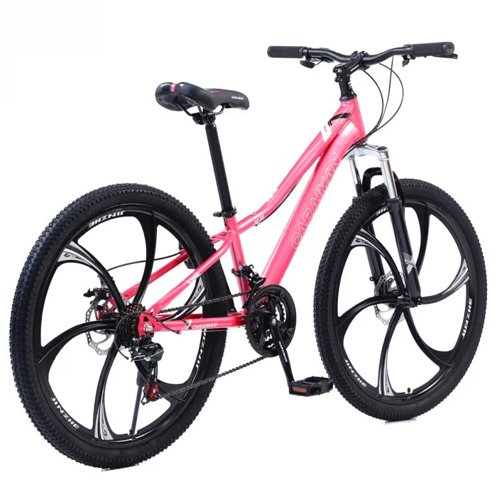 Bicicletă Caraiman, roți 24 sau 26 inch, cadru oțel, frâne pe disc, roz