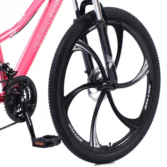 Bicicletă Caraiman, roți 24 sau 26 inch, cadru oțel, frâne pe disc, roz