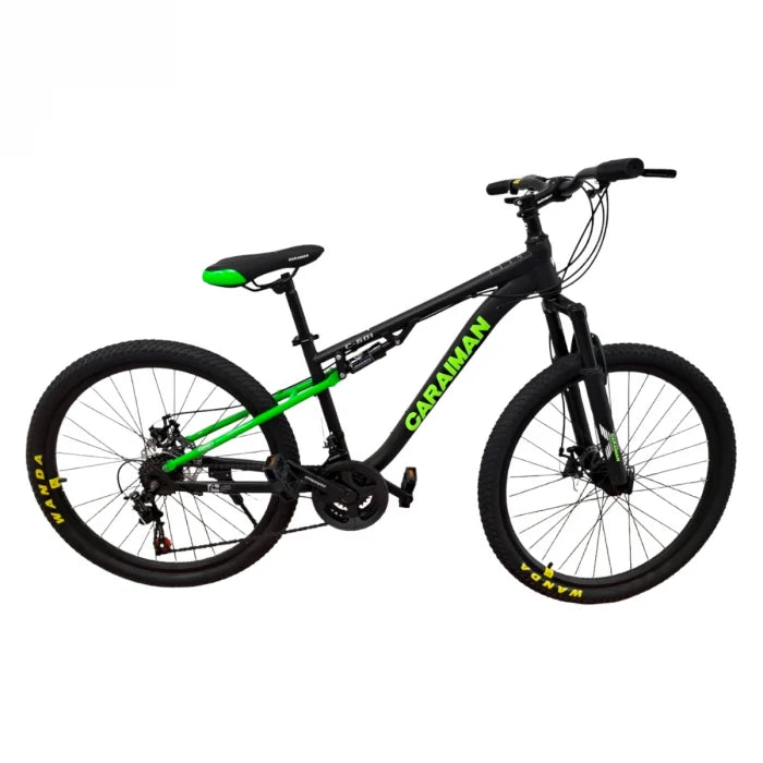 Bicicletă Caraiman, roți 24 sau 26 inch, cu dublă suspensie, frâne pe disc, negru cu verde