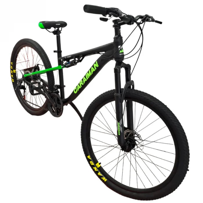 Bicicletă Caraiman, roți 24 sau 26 inch, cu dublă suspensie, frâne pe disc, negru cu verde