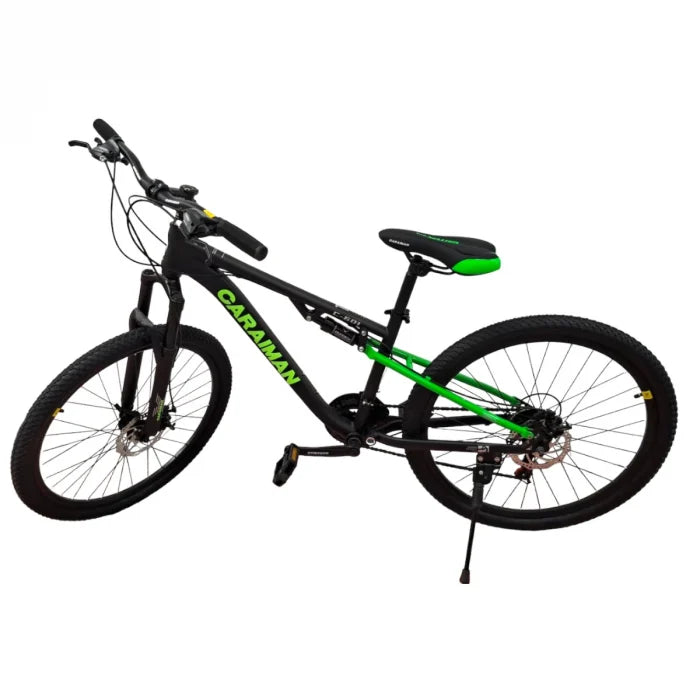 Bicicletă Caraiman, roți 24 sau 26 inch, cu dublă suspensie, frâne pe disc, negru cu verde