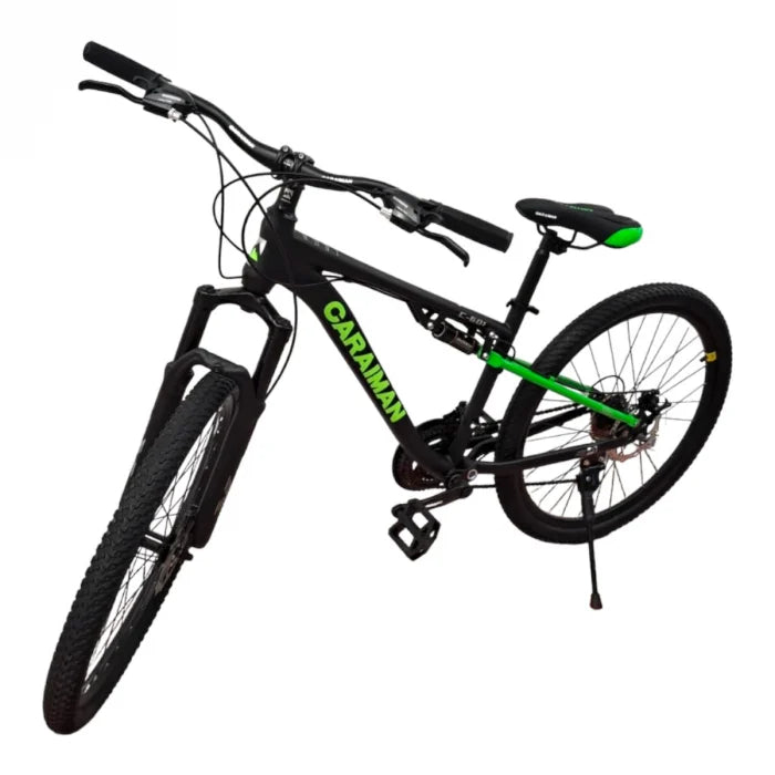 Bicicletă Caraiman, roți 24 sau 26 inch, cu dublă suspensie, frâne pe disc, negru cu verde
