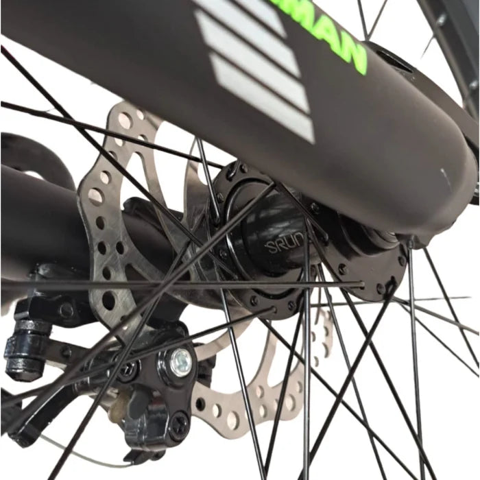 Bicicletă Caraiman, roți 24 sau 26 inch, cu dublă suspensie, frâne pe disc, negru cu verde