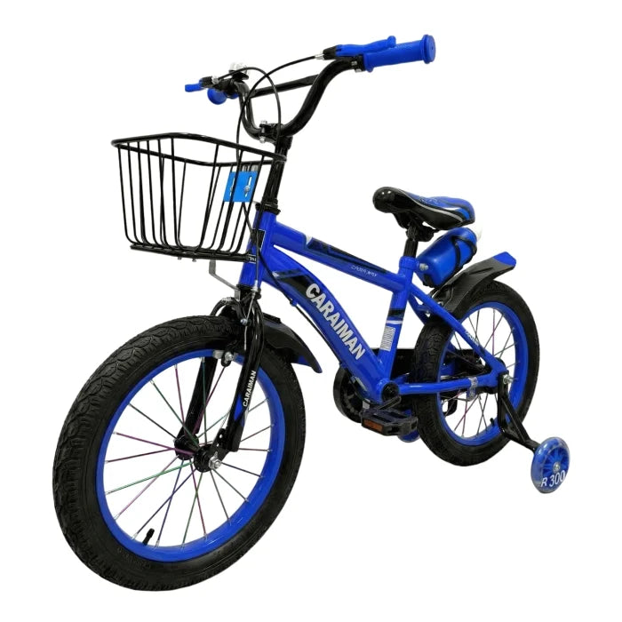 Bicicletă copii albastru 12 / 14 inch, cu roți ajutătoare, coș față, bidon apă, Caraiman