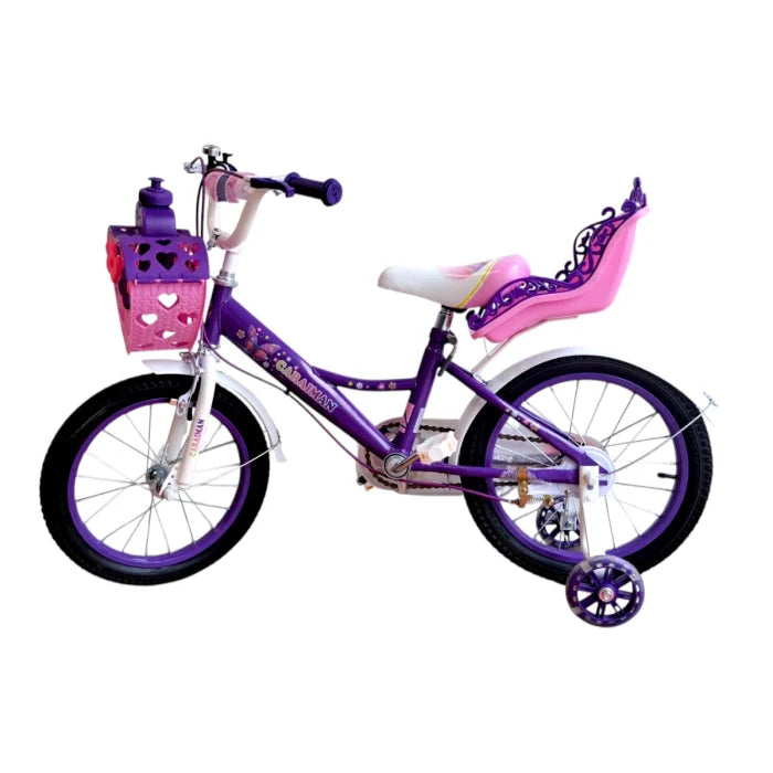 Bicicletă copii mov Caraiman 14 inch, cu roți ajutătoare, coș și scăunel păpușă