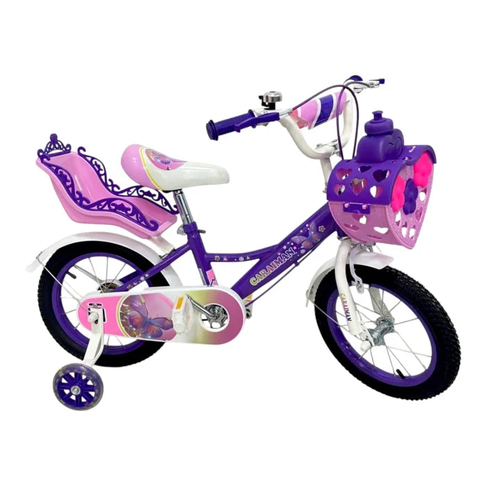 Bicicletă copii mov Caraiman 14 inch, cu roți ajutătoare, coș și scăunel păpușă