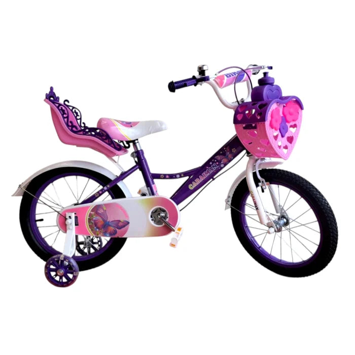 Bicicletă copii mov Caraiman 14 inch, cu roți ajutătoare, coș și scăunel păpușă