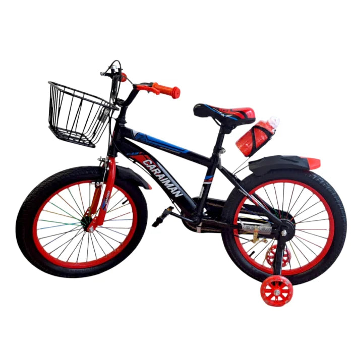 Bicicletă copii Caraiman 16 / 18 inch, roți ajutătoare, coș față și bidon apă, roșie