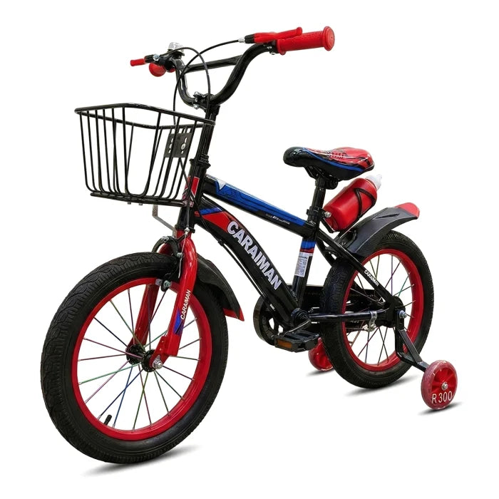Bicicletă copii roșie 12 / 14 inch, cu roți ajutătoare, coș față, bidon apă, Caraiman