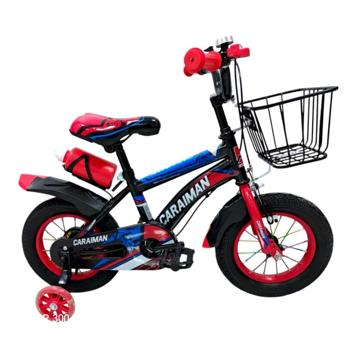Bicicletă copii roșie 12 / 14 inch, cu roți ajutătoare, coș față, bidon apă, Caraiman