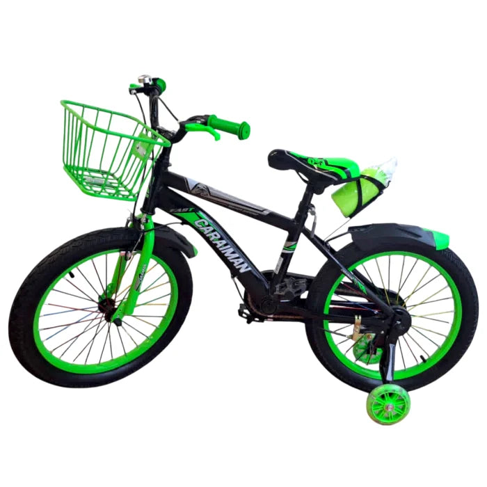 Bicicletă copii Caraiman 16 / 18 inch, roți ajutătoare, coș față și bidon apă, verde
