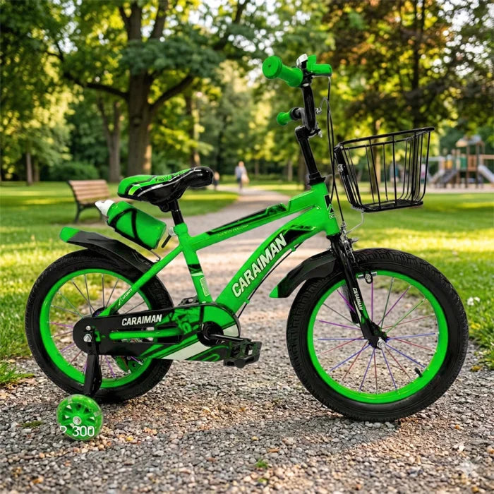 Bicicletă copii verde 12 / 14 inch, cu roți ajutătoare, coș față, bidon apă, Caraiman