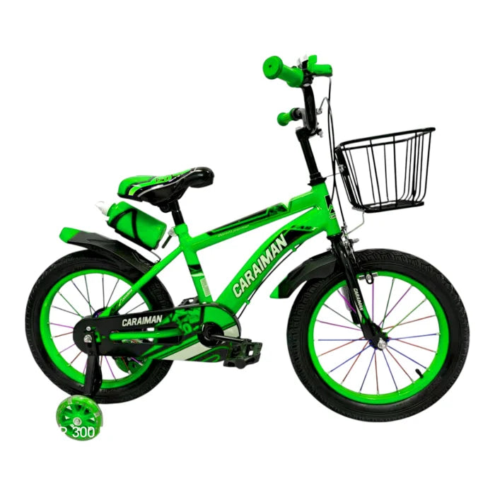 Bicicletă copii verde 12 / 14 inch, cu roți ajutătoare, coș față, bidon apă, Caraiman