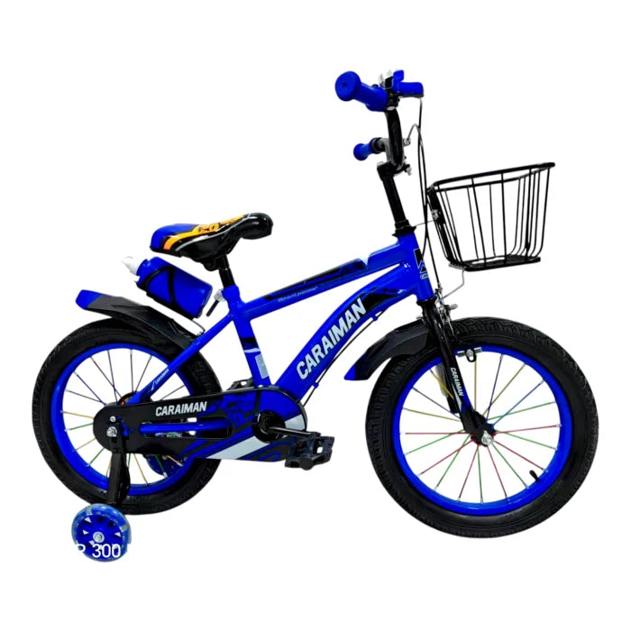 Bicicletă copii albastru 12 / 14 inch, cu roți ajutătoare, coș față, bidon apă, Caraiman